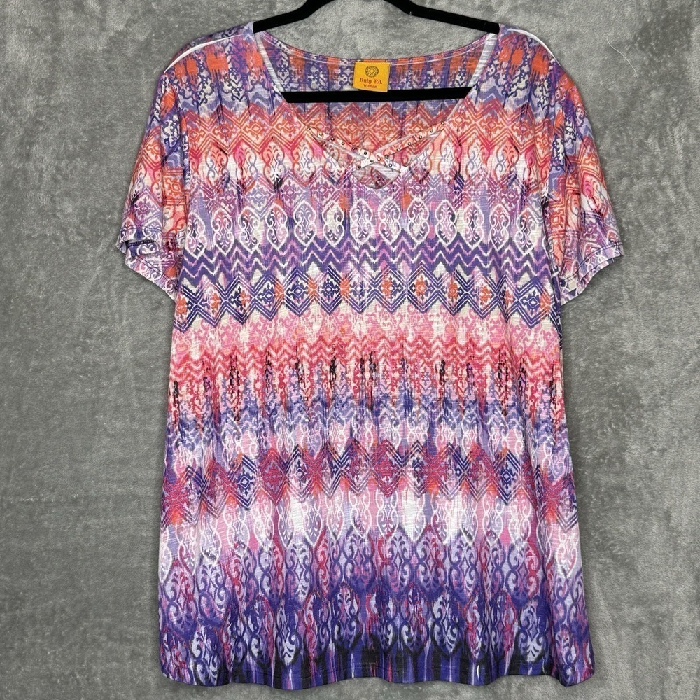 Ruby Rd 3X Shirt Top Purple Pink Striped Short Sleeve Criss Cross V Neck Knit